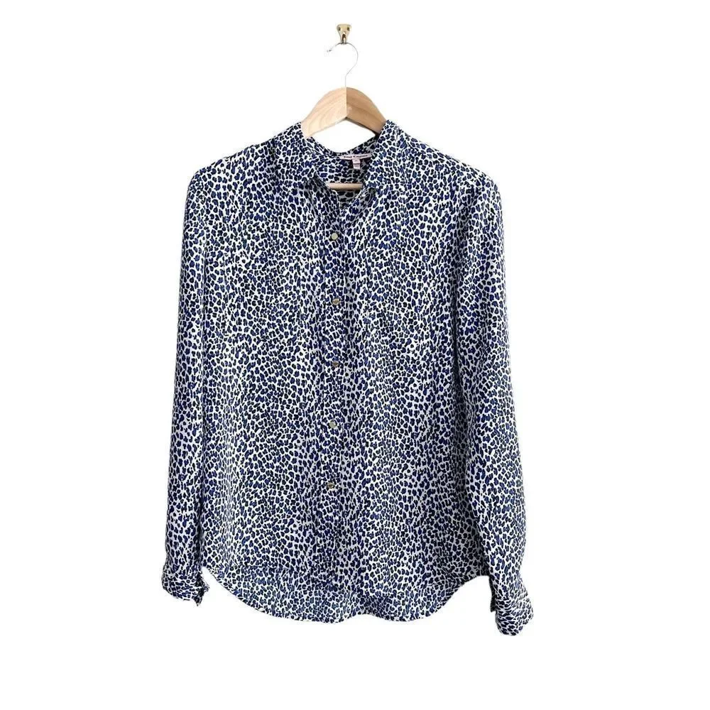 Juicy Couture Blouse Blue Black Leopard Women's M Button Up Long Sleeve Top - Picture 1 of 9